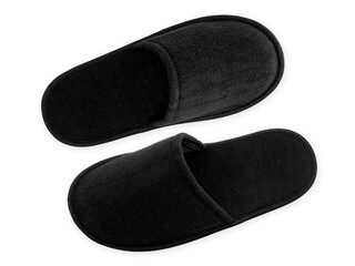 Soft black home or spa slippers isolated on white background with clipping path. Blank, no label, mock up for your design logo. Flat lay , top view of black hotel slippers or sandals.
