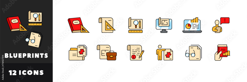 Poster blueprints icon set. flat style. vector icons
