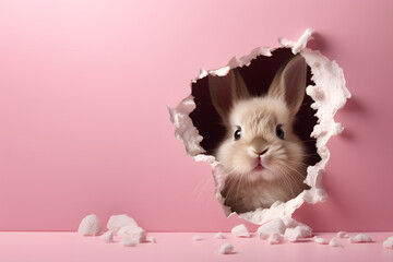 A curious Easter bunny looks out from a hole in a pink wall. congratulatory banner. pink background and space for text - obrazy, fototapety, plakaty