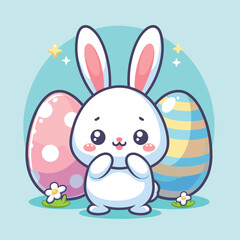 cute rabbit easter egg pose cartoon flat illustration