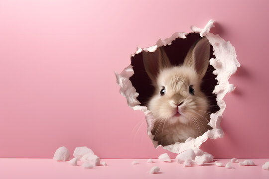 A curious Easter bunny looks out from a hole in a pink wall. congratulatory banner. pink background and space for text