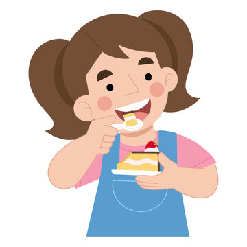 Cartoon illustration of little girl eating food dessert cake