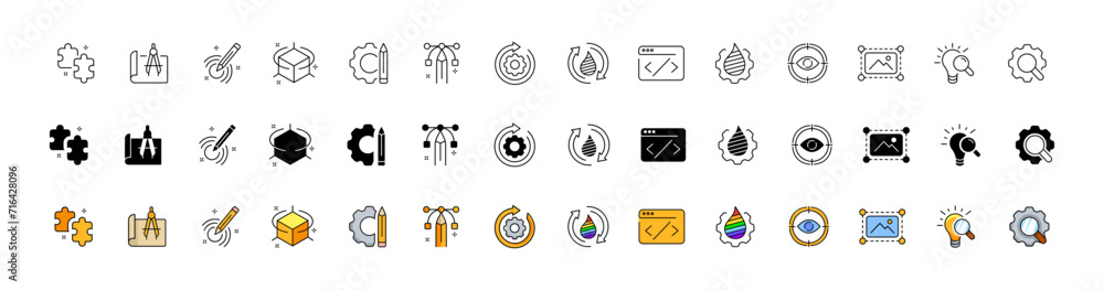 Poster edit icon set. edit button. linear, silhouette and flat styles. vector icons
