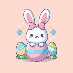 cute rabbit easter egg pose cartoon flat illustration
