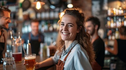 A young and friendly waitress at a bar serves a refreshing beer with a radiant smile, creating a lively and inviting atmosphere for customers, embodying excellent service in the hospitality industry.