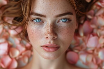 Portrait of a young and beautiful woman with perfectly smooth skin surrounded by rose petals....