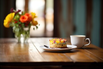 cake on wooden table with a cup of coffee