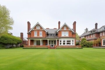 Fototapeta na wymiar redbrick georgian mansion with whitetrimmed hip roof, lush lawn