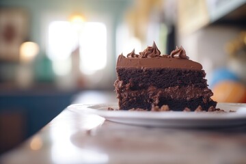 close-up of a slice with rich, dark frosting