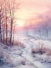 Frosty Sunrise: Snowy Winter Wonderland Watercolor, Cold Dawn Painting