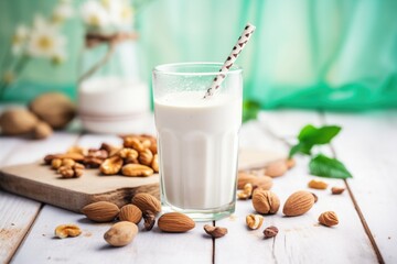 vegan milkshake with almond milk and vegan cream, nuts on side - obrazy, fototapety, plakaty