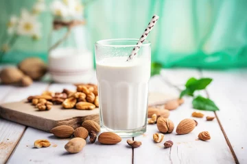 Küchenrückwand glas motiv vegan milkshake with almond milk and vegan cream, nuts on side © primopiano