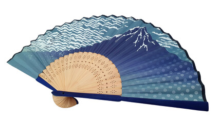 Japanese style traditional folding fan with blue tone Mount Fuji pattern isolated on white...