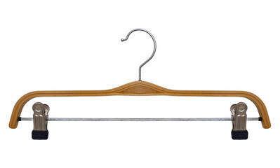 Wooden hanger with metal clips for hanging clothes. Clothes-hanger for trousers and skirts securely, isolated on white. No label, mock up template, clipping path.