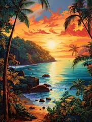 Fototapeta premium Sun-Kissed Tropical Bays Autumn Beach Painting: Vibrant Landscape at Dawn
