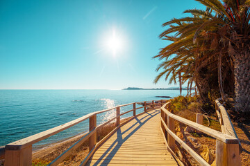 Seascape on a sunny day with a clear blue sky. Palm trees on the beach. Winding boardwalk to the beach. Mazarron, Murcia, Spain