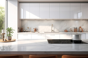 Corner of modern kitchen with white marble walls, concrete floor, gray countertops and white cupboards. 3d rendering - obrazy, fototapety, plakaty
