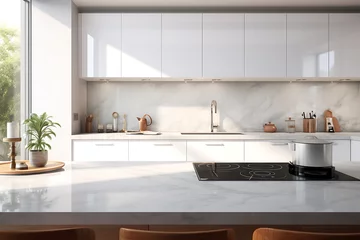 Fotobehang Corner of modern kitchen with white marble walls, concrete floor, gray countertops and white cupboards. 3d rendering © Graphicsstudio 5
