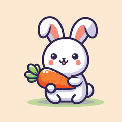 cute rabbit bite carrot pose cartoon flat illustration