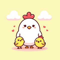 cute mom chicken and chick cartoon flat illustration