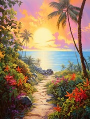 Fototapeta na wymiar Sun-Kissed Tropical Bays Pathway Painting: Beach Walk Nature Art