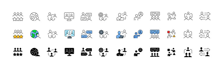 Communication icon set. Linear, flat and silhouette style. Vector icons