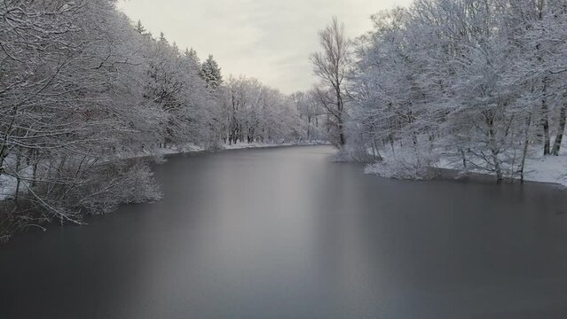 Flying through trees in winter snow landscape towards over frozen river
