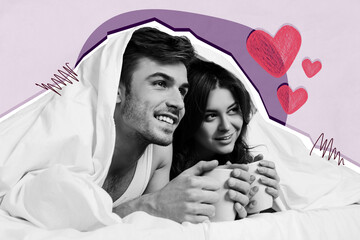 Horizontal photo collage of happy family couple under blanket hold cup of tea warm together winter...