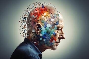 Obraz premium Celestial symphony of brain, neural pathways wit jazzy vibrancy. Mind's dazzling chromaticity, imagery techno hues. Neurons, sunkissed dots, synaptic vectors, mindful neurodynamic skull's vast expanse