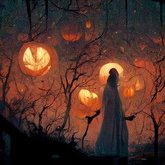 Pumpkins In Graveyard In The Spooky Night - Halloween Backdrop. Haunted House In Spooky Forest At Night With Pumpkins And Ghosts.