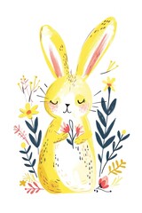 A spring-themed illustration featuring a cute bunny and floral basket
