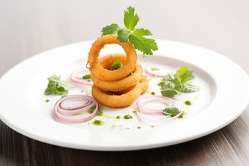 onion rings with parsley garnish on white plate