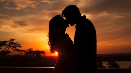 Lovers, Silhouette of a couple kissing against a colorful sky , lovers, silhouette, colorful sky