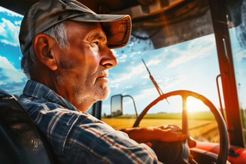 Portrait of an elderly tractor driver driving a combine harvester working in the field, Earth Hour, the concept of caring for the land that provides food - obrazy, fototapety, plakaty