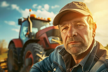 Portrait of an adult tractor driver in a baseball cap against the background of a tractor, a break...