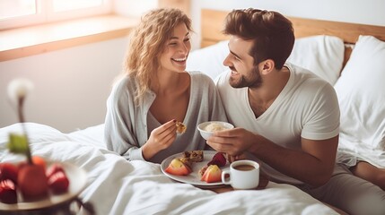 Person surprising their partner with breakfast in bed , Person, surprising, partner, breakfast - obrazy, fototapety, plakaty