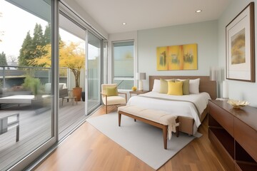 bedroom with glass wall facing a private outdoor deck