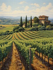 Timeless Tuscan Vineyards - Handmade Landscape Painting: Scenic Prints Featuring Majestic Vine Rows.