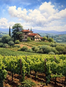 Timeless Tuscan Vineyards: Captivating Farmhouse Art and Scenic Vineyard Estates Amidst Enchanting Cottage Scenery