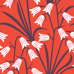 Vector seamless pattern with white bell flowers on a red background - 716432802