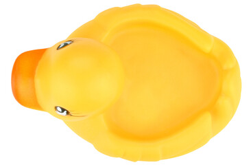 Yellow toy rubber duck isolated on a transparent background. Completely in focus. Top view. - obrazy, fototapety, plakaty