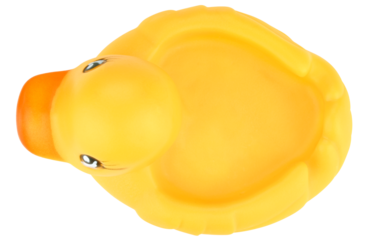 Yellow toy rubber duck isolated on a transparent background. Completely in focus. Top view.