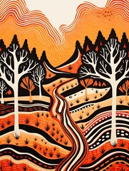 Traditional Native Tribal Art Abstract Landscape - Tribal Lines and Indigenous Art Forms