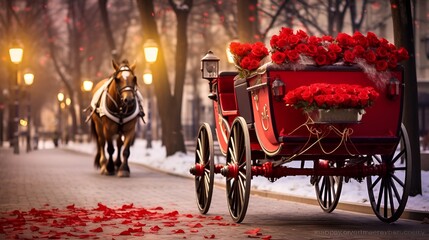 Romantic horse,drawn carriage ride for a couple , romantic carriage ride, couple, love - obrazy, fototapety, plakaty