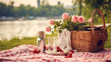 Romantic picnic setup with wine and flowers , romantic picnic setup, wine, flowers - obrazy, fototapety, plakaty