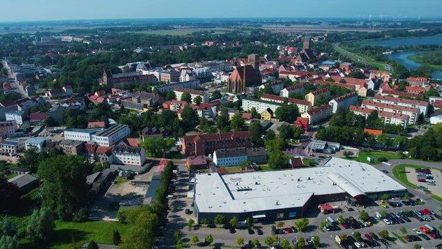 Aerial around the town of Anklam in Germany on a sunny highnoon