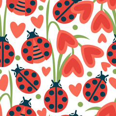 Vector seamless pattern with love bugs and heart flowers - 716433288