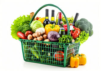 Green shopping basket with variety of grocery