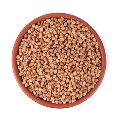 Raw buckwheat in bowl isolated on white, top view