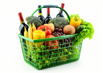 Green shopping basket with variety of grocery